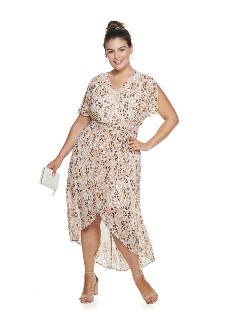 EVRI Faux Wrap Leopard Animal Print Maxi Hi Lo Flutter Sleeves Dress Plus 2X